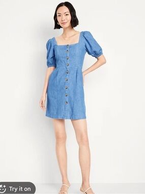 Old navy puff sleeve denim mini dress large front button cottage prairie cowgirl